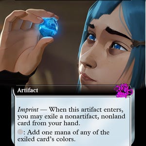 Può includere: Una carta d'arte fantasy intitolata "Chrome Mox" con una gemma blu tenuta da una persona con i capelli blu. Il testo della carta recita "Artifact" e include le istruzioni di gioco. La carta è un proxy di Ogoun Badagris.