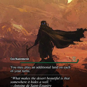 Può includere: Carta fantasy con la parola "EXPLORATION" in alto. Raffigura una figura silhouette con un piccone, ambientata in un paesaggio desertico. Il testo include "Enchantment" e una citazione di Antoine de Saint-Exupéry.