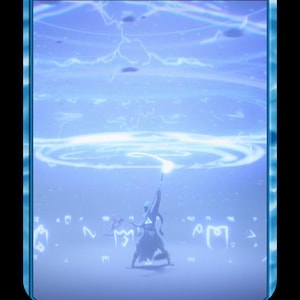 May include: A blue card titled "Pact of Negation" with a zero mana cost. The artwork depicts a figure in a futuristic setting, wielding a glowing staff amidst swirling energy and lightning. The card's border is blue, with text at the bottom.