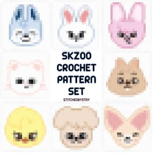 Peut inclure: Ensemble de neuf patrons de crochet pixélisés représentant des visages d'animaux de différentes couleurs, dont le bleu, le blanc, le rose et le jaune. Le texte "SKZOO CROCHET PATTERN SET" est affiché au centre, avec "STITCHEDBYSTAY" en dessous.