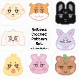 Può includere: Una collezione di nove modelli di uncinetto di facce di animali pixelati. L'immagine include un cane, un criceto, un coniglio e un orso, con il testo "Aniteez Crochet Pattern Set" e "stitchedbystay".