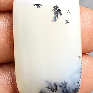 May include: A rectangular, polished gemstone with a creamy white base. The stone features intricate, fern-like patterns in shades of black and gray, creating a natural, artistic design. The stone is held between two fingers.