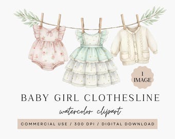 Baby Girl Clothesline Clipart, Watercolor PNG, 300 DPI, Commercial Use