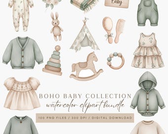 May include: Watercolor illustration of a Boho Baby Collection. The image features various baby items in soft pastel colors, including clothing, toys, and decorative elements. The text "Boho Baby Collection" and "watercolor clipart bundle" are also visible.