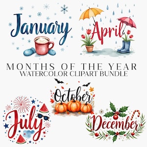 Months of the Year Watercolor Clipart, 12 Seasonal Digital PNG Files, Calendar Design, Planners