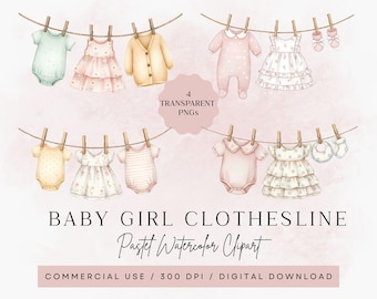 Baby Girl Clothesline Bundle, Pastel Watercolor PNG, 300 DPI, Digital Download