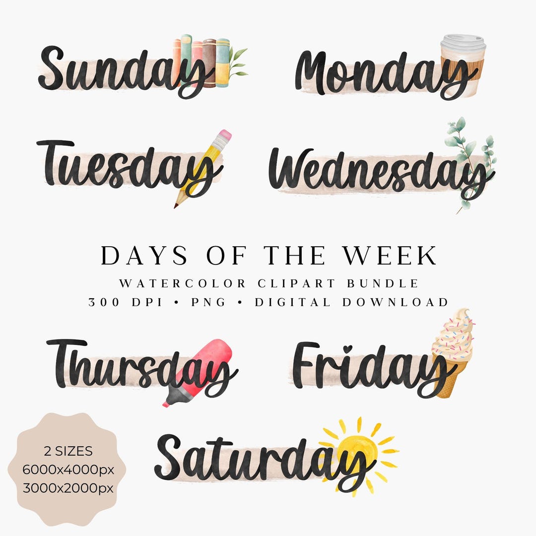 Week Png Watercolor Days of the Week Clip Art, PNG Bundle, 300 DPI, Transparent ...