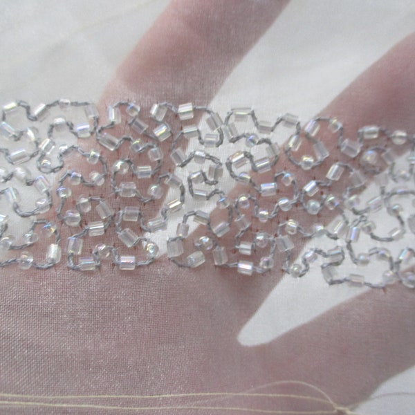 Beaded Trim 34.5" Long x 1" wide Crystal Aurora Borealis Tiny Bugle Beads On Pale Grey Organza Sheer Fabric