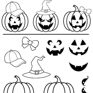 Puede incluir: Una hoja de trabajo Pumpkin Worksheet en blanco y negro con tres calabazas decoradas bajo el título Pumpkin Examples. Debajo hay elementos de arte lineal que incluyen un lazo, una gorra, un sombrero de bruja, dos caras de calabaza, dos calabazas simples y dos bigotes.