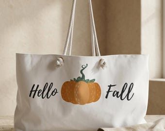Hello Fall pumpkin Weekender Bag | autumn tote, seasonal travel bag
