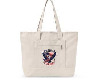 American Eagle Flag Graphic Zippered Canvas Tote | Patriotic USA Bag