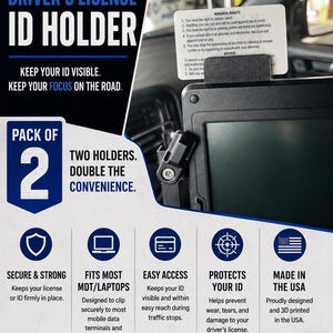 May include: A black plastic driver's license ID holder designed to clip onto a mobile data terminal or laptop screen. The holder features a slot for an identification card and is displayed with a card showing Miranda Rights text.