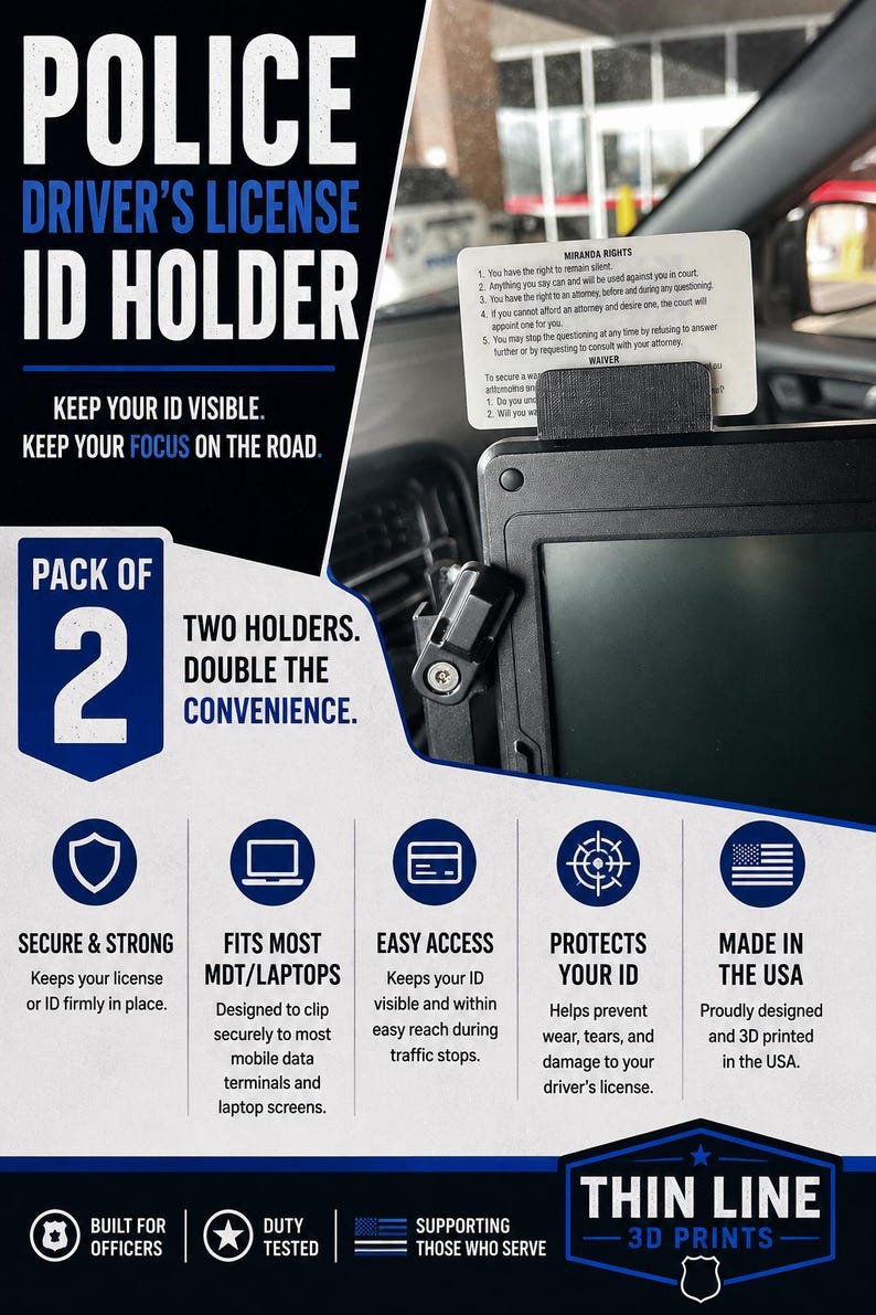 May include: A black plastic driver's license ID holder designed to clip onto a mobile data terminal or laptop screen. The holder features a slot for an identification card and is displayed with a card showing Miranda Rights text.