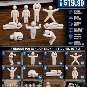 May include: A Meccha Chameleon figure set containing 16 white plastic stick figures in 8 unique poses. The set includes two of each pose, with each figure measuring approximately 2 to 2.5 inches tall. The figures are displayed with a US quarter coin.