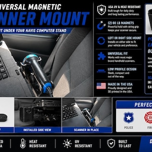 Puede incluir: Un soporte magnético universal negro para escáner diseñado para soportes de computadora Havis. El soporte cuenta con dos imanes de 60 lb, un diseño de bajo perfil y está hecho de material ASA resistente al calor y a los rayos UV para montaje lateral.