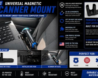 May include: A black universal magnetic scanner mount designed for Havis computer stands. The mount features two 60 lb magnets, a low-profile design, and is made from heat and UV-resistant ASA material. It allows for left or right-side mounting.