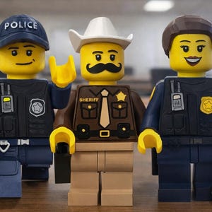 Aanpasbare 3D-geprinte politiesherifffiguren in baksteenstijl, gelede speelgoed met standaard. Niet gelieerd aan speelgoedfabrikanten