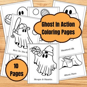 May include: A stack of black and white coloring pages featuring ghost characters playing sports. The pages include the text "Ghost In Action Coloring Pages", "Boo To The B", "Hoops & Haunts", "Haunted Hit", and "Ghost Pass". A circular orange graphic reads "10 Pages".
