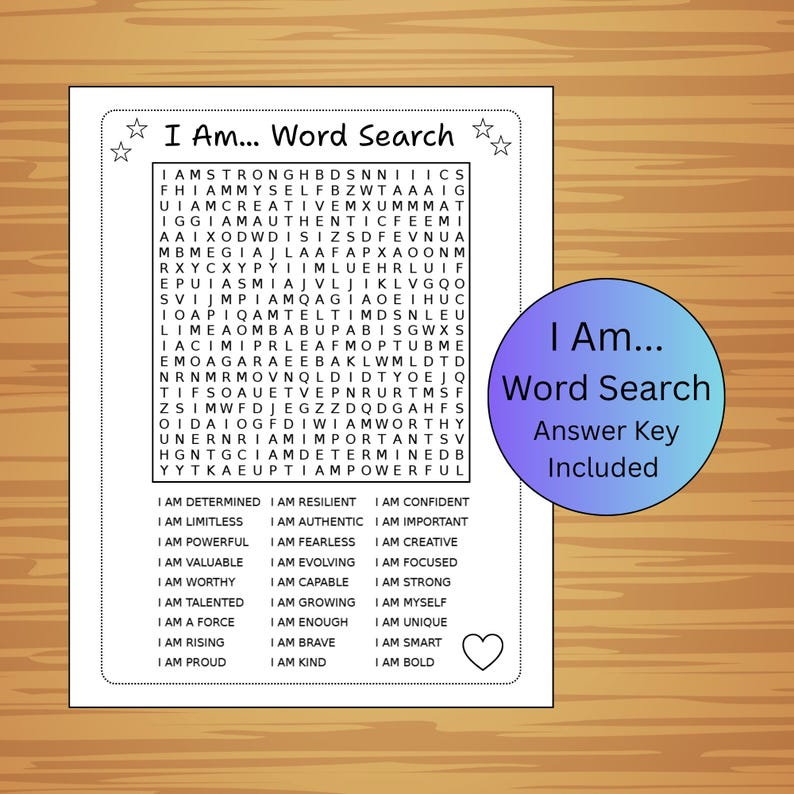 I Am Word Search, Positive Affirmations, Answer Key Included, Instant ...