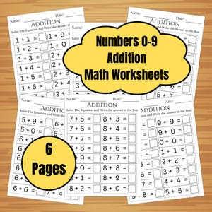 May include: A collection of six math worksheets for addition problems, featuring equations with numbers 0-9. The worksheets are printed on white paper with black text and are designed for educational use.