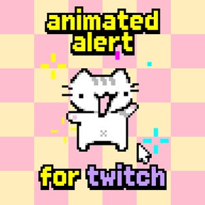 Op de afbeelding: Pixelafbeelding met de tekst "animated alert for twitch". De afbeelding toont een witte kat met grijze strepen, een roze tong en een cursorpictogram. De achtergrond is een roze en geel geruit patroon.