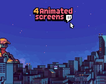 4x Animierte Stream Scenens Twitch, YouTube ~ Pixel Art Animation, Stadt, Sterne ~ Beginnen, Ende, Brb,Offline ~ Thema Stadt