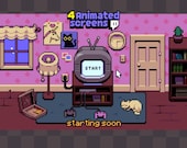 4x Animated Cute Scenens Twitch, YouTube ~ Pixel Art Animation, Cat, Room ~ Starting, Ending, Brb, Offline ~ Pink theme
