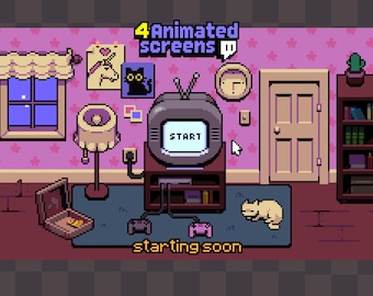 4x Animierte niedliche Szenen Twitch, YouTube ~ Pixel Art Animation, Katze, Raum ~ Starten, Ende, Brb, Online ~ Pinkes Theme