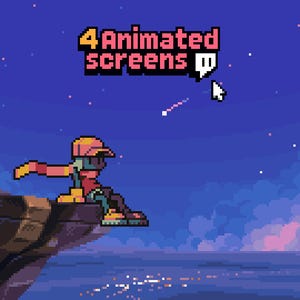 Op de afbeelding: Pixelafbeelding van een personage dat op een klif zit en uitkijkt over een nachtelijke hemel met sterren en een vallende ster. De tekst "4 Animated Screens" wordt weergegeven. Het kleurenpalet omvat blauw, roze en geel.