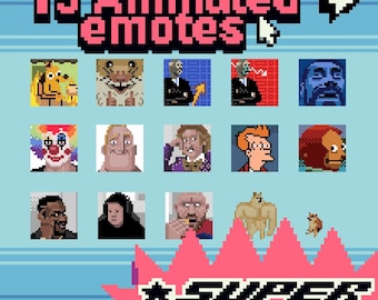以下が含まれることがあります： 「15 Animated emotes」のテキストとTwitchのロゴが入ったデジタルグラフィック。ピクセル化された漫画の絵文字が特徴で、ピエロ、ビジネスマン、犬などが含まれています。「SUPER SALE」の文字も表示されています。