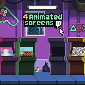 Könnte beinhalten: Pixel-Art-Spielhalle mit vier animierten Bildschirmen. Der Raum hat eine lila Wand, einen blauen Boden und ein Neon-Controller-Schild. Der Text "4 animierte Bildschirme" wird über den Spielautomaten angezeigt.
