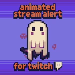 Peut inclure: Graphique d'alerte de flux animé pixélisé pour Twitch. Le design présente un personnage fantôme amical dans des tons crème et violets, avec le texte "animated stream alert" en orange et "for twitch" en orange. Un logo Twitch est en bas à droite.