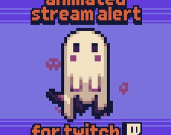 Może przedstawiać: Pikselowa animowana grafika alertu strumienia dla Twitch. Projekt przedstawia przyjazną postać ducha w odcieniach kremu i fioletu, z napisem "animated stream alert" w kolorze pomarańczowym i "for twitch" w kolorze pomarańczowym. Logo Twitch znajduje się w prawym dolnym rogu.
