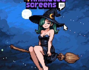 4x geanimeerde Halloween Stream Scenens Twitch, YouTube ~ Pixel Art Animation, Moon, Witch ~ Begin, einde, Brb, offline, Halloween-thema