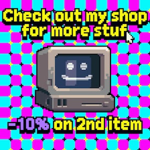 May include: Pixelated image of a vintage computer with a smiling face on the screen, set against a vibrant pink, blue, and yellow checkered background. Text at the top reads "Check out my shop for more stuff," and at the bottom, "-10% on 2nd item."