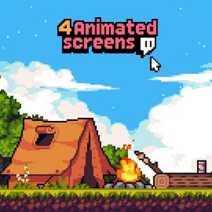 May include: Pixel art scene with a tent, campfire, and text that reads "4 Animated screens". The scene is set in a grassy area with trees, a blue sky, and white clouds. A cursor points to the text.