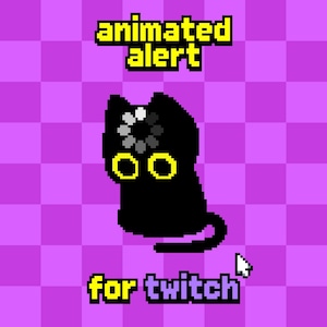 Peut inclure: Un graphique en pixel art représentant la silhouette d'un chat noir avec de grands yeux jaunes et une icône de chargement circulaire sur la tête. Le texte indique animated alert en haut et for twitch en bas, sur un fond à carreaux violets.