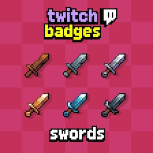 Puede incluir: Un conjunto de seis iconos de espadas en pixel art para insignias de Twitch, dispuestos en dos filas. Las espadas presentan varios colores, incluyendo marrón, gris, plata, oro, azul y gris oscuro. El texto "twitch badges" y "swords" es en fuente pixel.