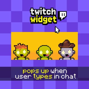 Può includere: Una grafica digitale con il testo twitch widget e un'icona cursore bianca. Sotto, tre personaggi in pixel art appaiono su uno sfondo giallo. Il testo pops up when user types in chat è visualizzato in basso su uno sfondo a scacchi viola.