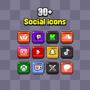 May include: A collection of pixel art social media icons arranged in a grid. The text 30+ Social icons is displayed at the top in a pixelated font. The icons feature various colours including orange, purple, black, red, yellow, green, and blue.