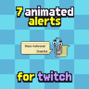 Może przedstawiać: Pikselowa grafika z tekstem "7 animated alerts" i "for twitch" w niebiesko-żółtej kolorystyce. Dymek z napisem "New follower thanks". Obecna jest również postać z kreskówek z ruchomymi oczami.