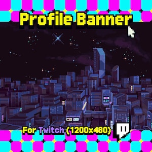 Puede incluir: Banner de perfil de pixel art para Twitch, que representa un paisaje urbano bajo un cielo estrellado. El banner incluye el texto "Profile Banner" en amarillo y "For Twitch (1200x480)" en amarillo, con un logotipo de Twitch.