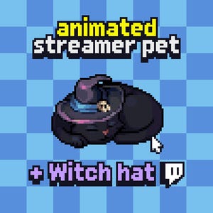Może przedstawiać: Pikselowy obraz czarnego kota w kapeluszu czarownicy, z tekstem "animated streamer pet" w kolorze żółtym i białym. Poniżej tekst "+ Witch hat" jest wyświetlany na fioletowo, z ikoną Twitch.