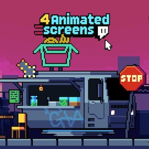 May include: Pixel art illustration of a food truck with the text "4 Animated screens". The truck has a stop sign, a vending machine, and a cat on top. The background shows a city skyline with a pink and purple sky.