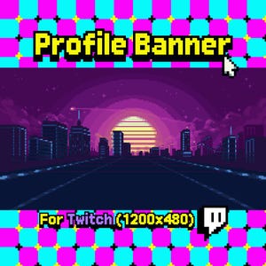 Op de afbeelding: Pixel art profielbanner met een stadsgezicht bij zonsondergang. De banner heeft de tekst "Profile Banner" in geel en zwart, en "For Twitch (1200x480)" in wit en geel. De achtergrond is een pixelontwerp met roze, blauwe en zwarte vierkanten.