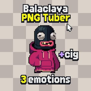 Może przedstawiać: Ilustracja w stylu pixel art przedstawiająca postać w czarnej kominiarce i różowej bluzie z kapturem. Tekst "Balaclava PNG Tuber" znajduje się na górze, z "+cig" i "3 emotions" poniżej.