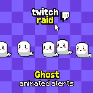 Puede incluir: Un gráfico digital con arte de píxeles de cinco fantasmas blancos con mejillas rosadas sobre un fondo de cuadros morados. El texto dice twitch raid arriba y Ghost animated alerts abajo, junto a un icono de cursor pixelado blanco.