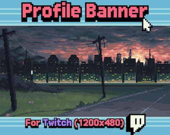 1x Twitch Profil Banner - Stadtbild, Pixel Art Stream, Social Media Banner Hintergrund