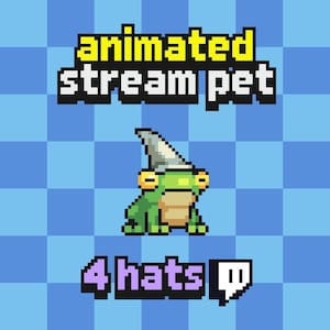 May include: Pixelated image of a green frog wearing a wizard hat. The text "animated stream pet" is above the frog, and "4hats" with a Twitch logo is below. The background is a blue checkered pattern.