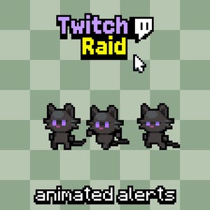 以下が含まれることがあります： 紫色の目を持つ3匹の黒い猫のキャラクターの上に「Twitch Raid」というテキストが表示されたピクセル化されたグラフィック。下部には「animated alerts」という言葉があります。白いカーソルと吹き出しも表示されています。